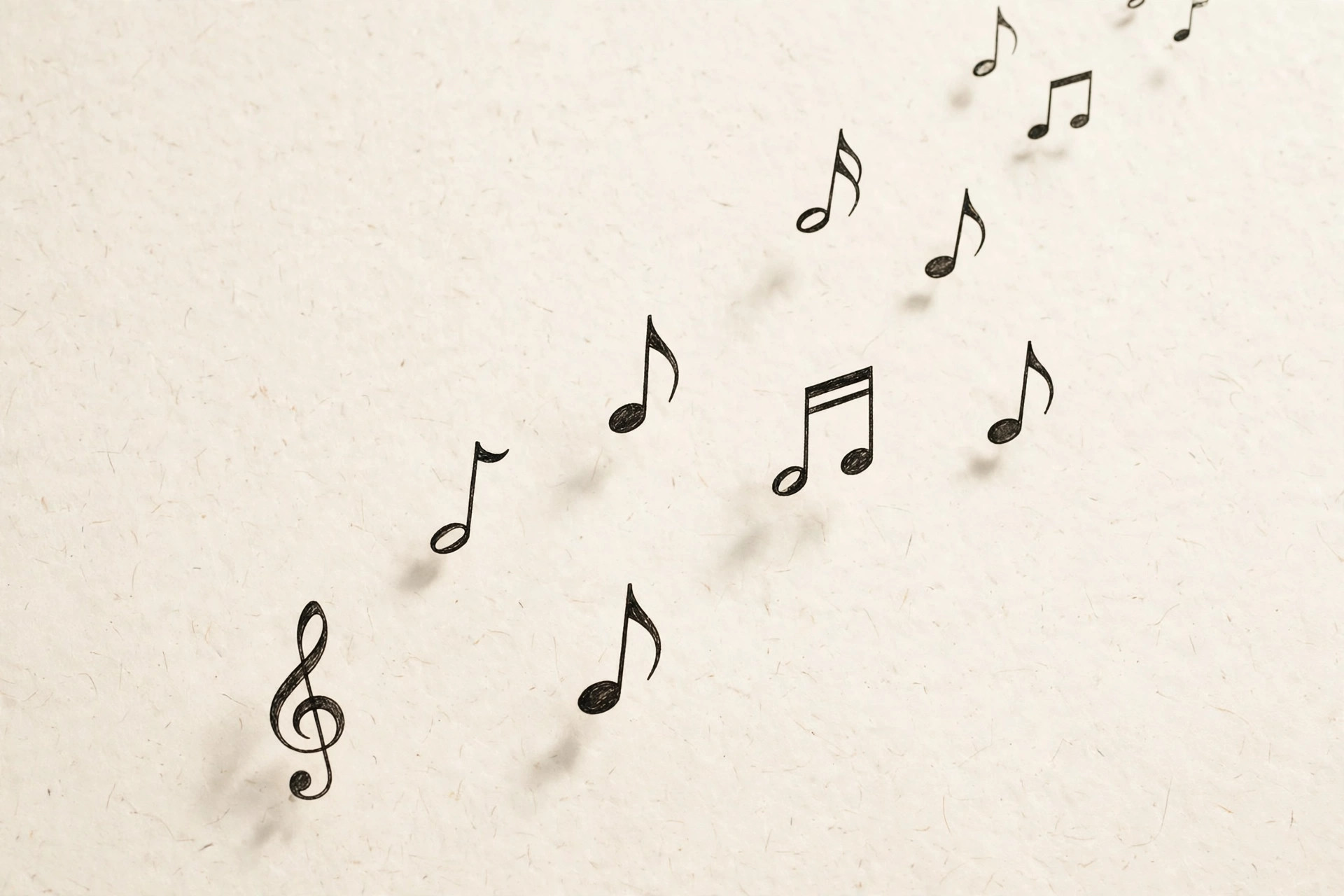 Hand-drawn music notes drifting up and away across warm cream paper